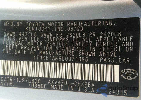 2020 Toyota Camry Xse z USA, uszkodzony, nr VIN 4T1K61AK9LU371096